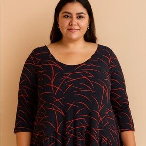 Ulla Popken Tunic Women's Size 36/38 Black Geometric Pockets Stretch Round Neck